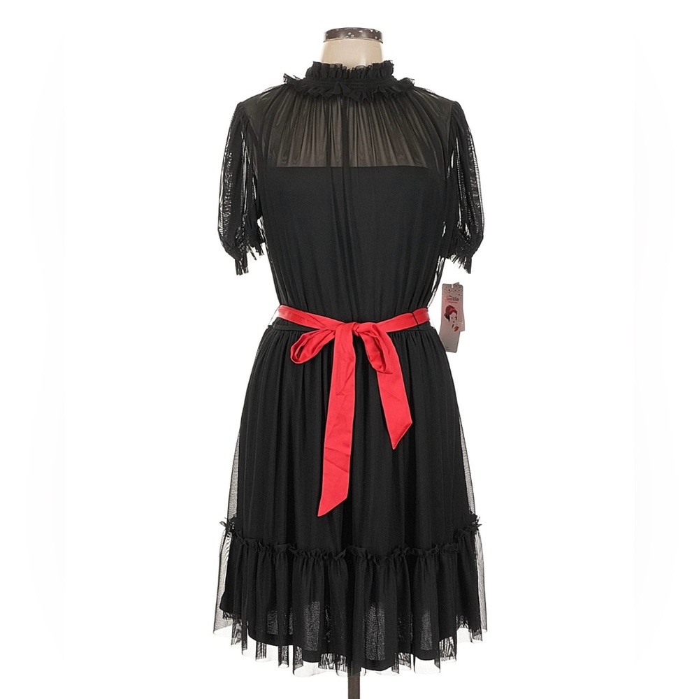 Black Sheer Yoke Tea Dress with Red Sash